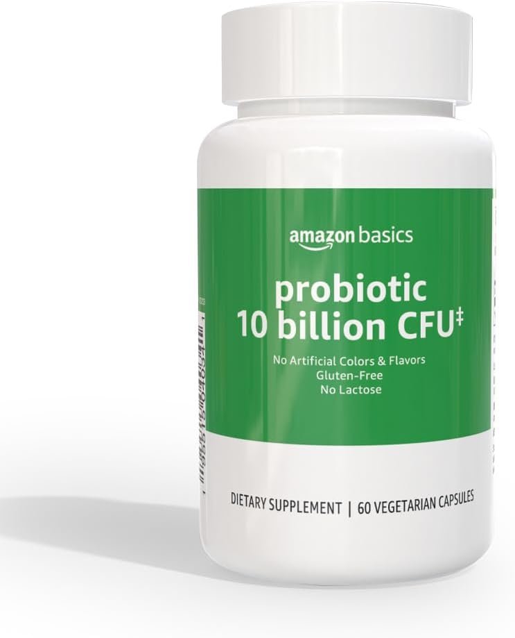 Amazon Basics Daily Probiotic, 10 Billion Active Cultures, Supporting Digestive and Intestinal Health, Capsule, 60 Count, Two Month Supply, Packaging May Vary