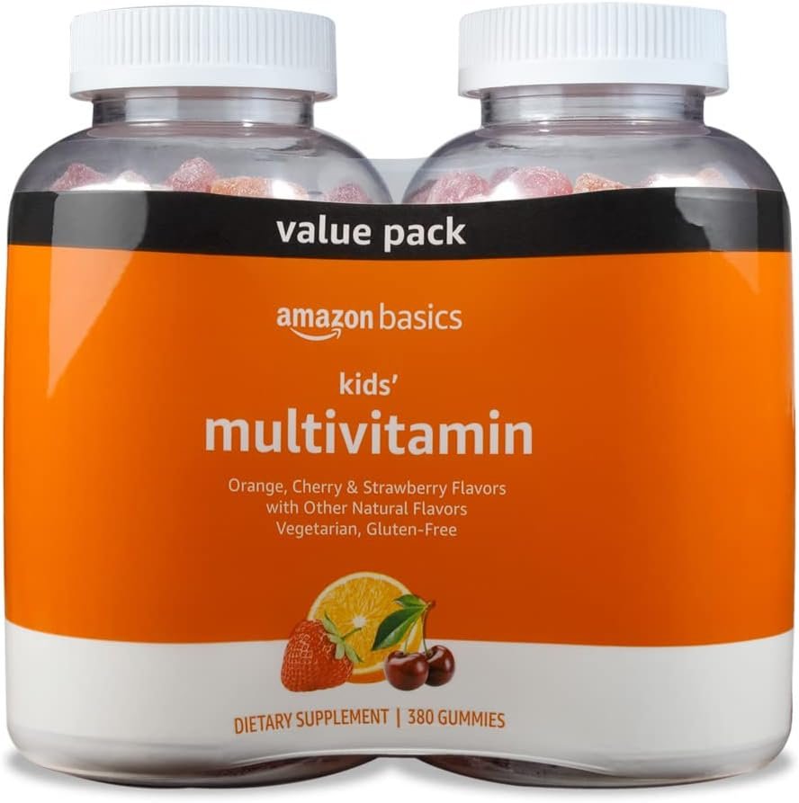 Amazon Basics Kids’ Multivitamin Gummies, Cherry, Strawberry & Orange Flavors, 380 Count, 2 Packs of 190 (Previously Solimo)