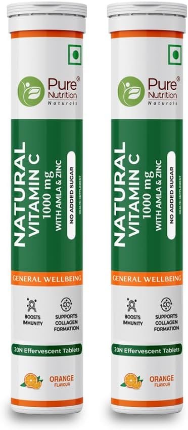 Pure Nutrition Vitamin C & Zinc, 40 Effervescent Tablets (20 x 2), Orange Flavour, 1000mg Amla Extract, Supports Skin, Immunity & Daily Wellness for Men & Women