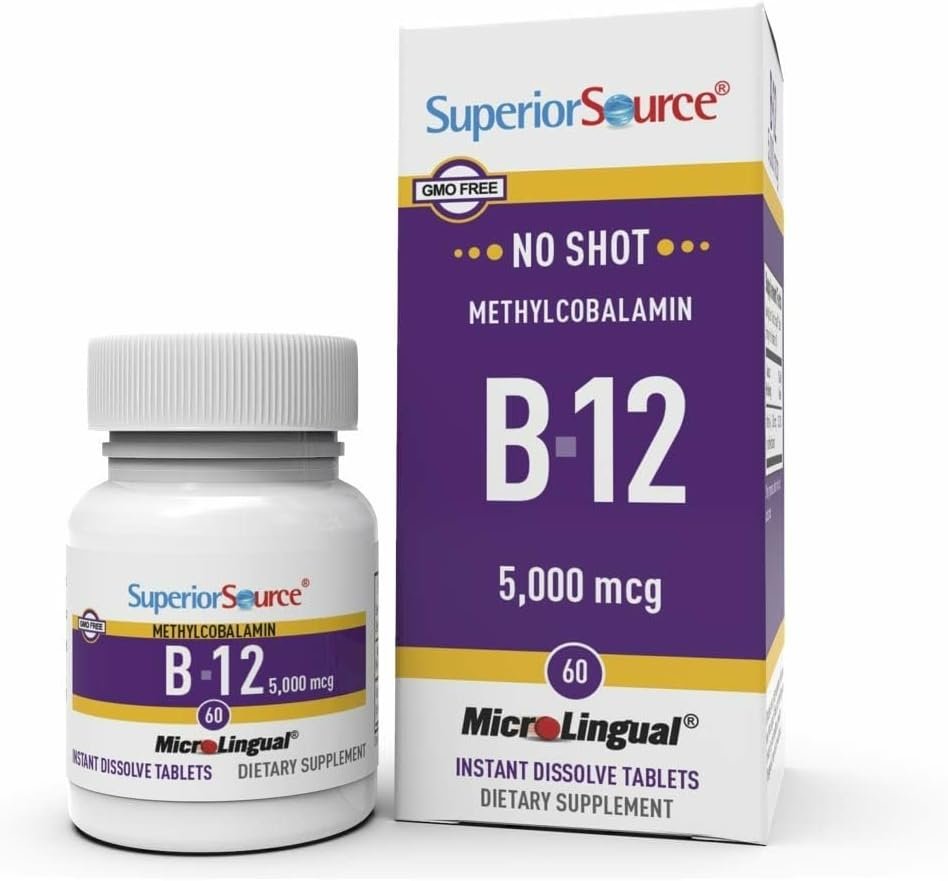 Superior Source No Shot Methylcobalamin B-12 5000 mcg – Vitamin B-12 to Support Energy Production, Brain Health & Overall Wellness – Sublingual Tablets for Fast Absorption – 60 Dissolving Tablets