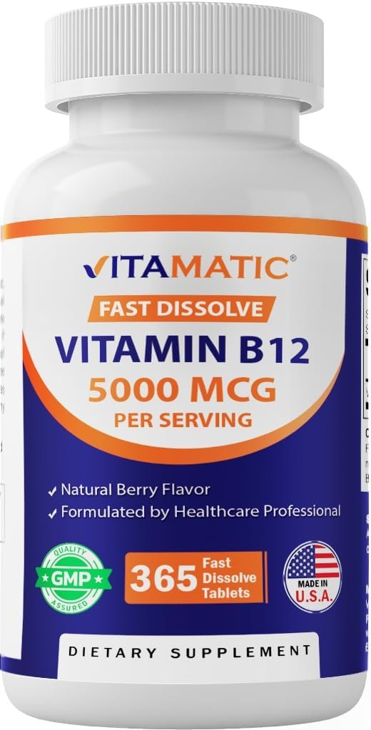 Vitamatic Vitamin B12 5000 mcg, 365 Fast Dissolve Tablets, Made in USA