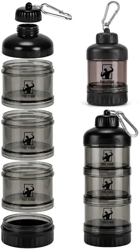 FuelStack Stackable Protein Powder Container to Go – 3 Layer Travel Supplement & Pre Workout Powder Storage Dispenser with Funnel & Keychain