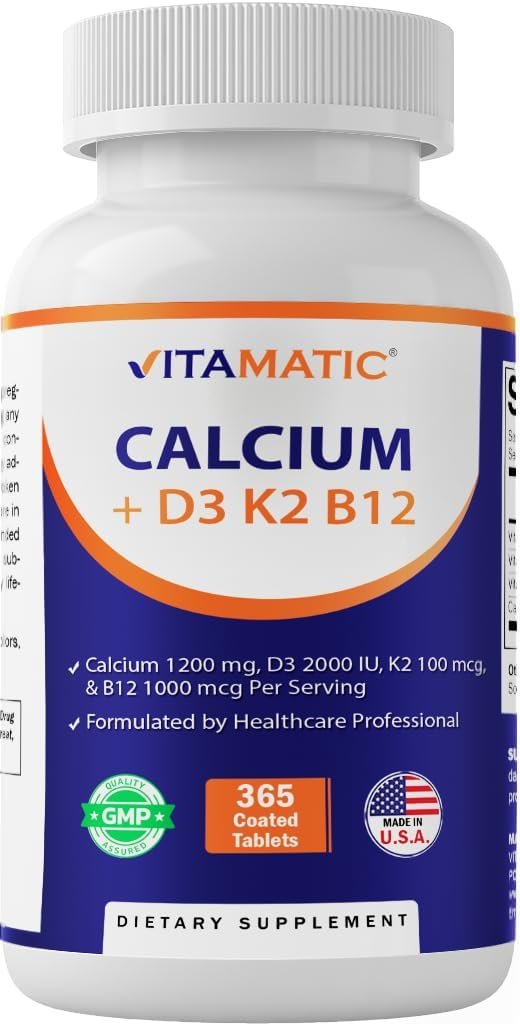 Vitamatic Calcium Supplement 1200mg with D3, K2 & B12, Immune & Bone Health Support – 365 Coated Tablets