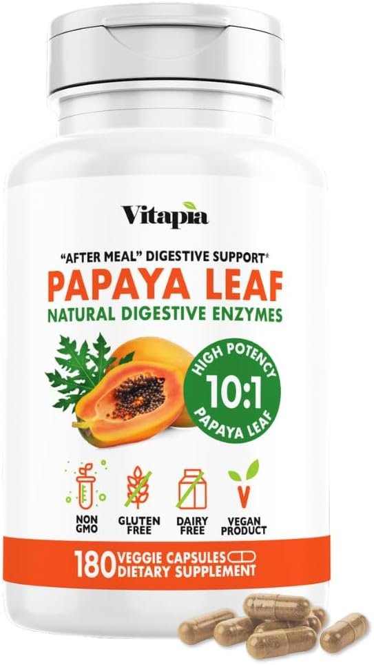 Papaya Leaf 10:1 Extract – Natural Digestive Enzymes for Digestion, Bloating Relief, Immune Support – 1500mg Per Serving – 180 Veggie Capsules – Non-GMO, Gluten-Free, Vegan-Friendly Supplement