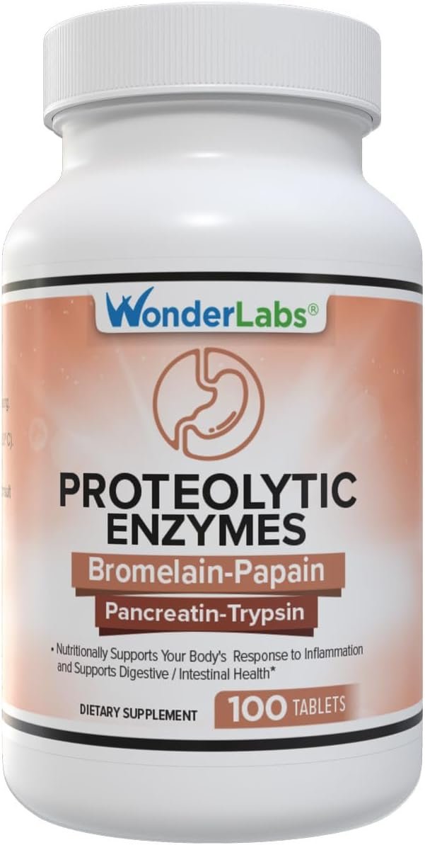 Wonder Laboratories Proteolytic Enzymes | Bromelain Papain Pancreatin Trypsin 550 mg Total with Standardized Amylase, Lipase, and Protease, 100 Tablets