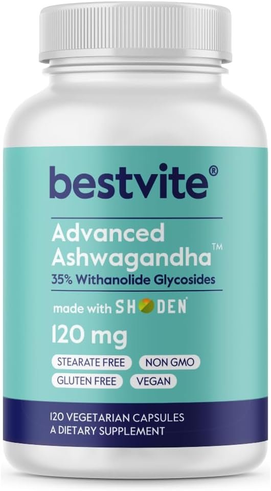 BESTVITE Advanced Ashwagandha 120mg w/Shoden (120 Veg Caps) – No Stearates