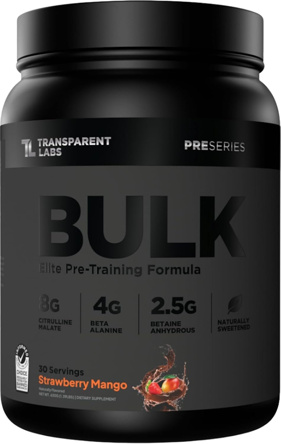 Transparent Labs Bulk Black Pre Workout – Clinically Dosed, Sugar Free Preworkout for Men and Women with Beta Alanine Powder, Citrulline Malate, & Caffeine Powder- 30 Servings, Strawberry Mango