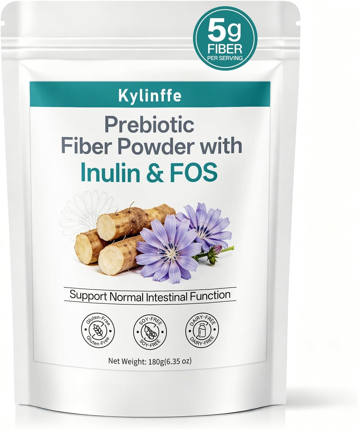 Inulin Powder with FOS, 5g Soluble Prebiotic Fiber Sugar Free Unflavored, Gut Health & Digestive Wellness, Fast Dissolving for Coffee Smoothies & Water, Vegan Gluten-Free, 36 Servings (6.35oz)