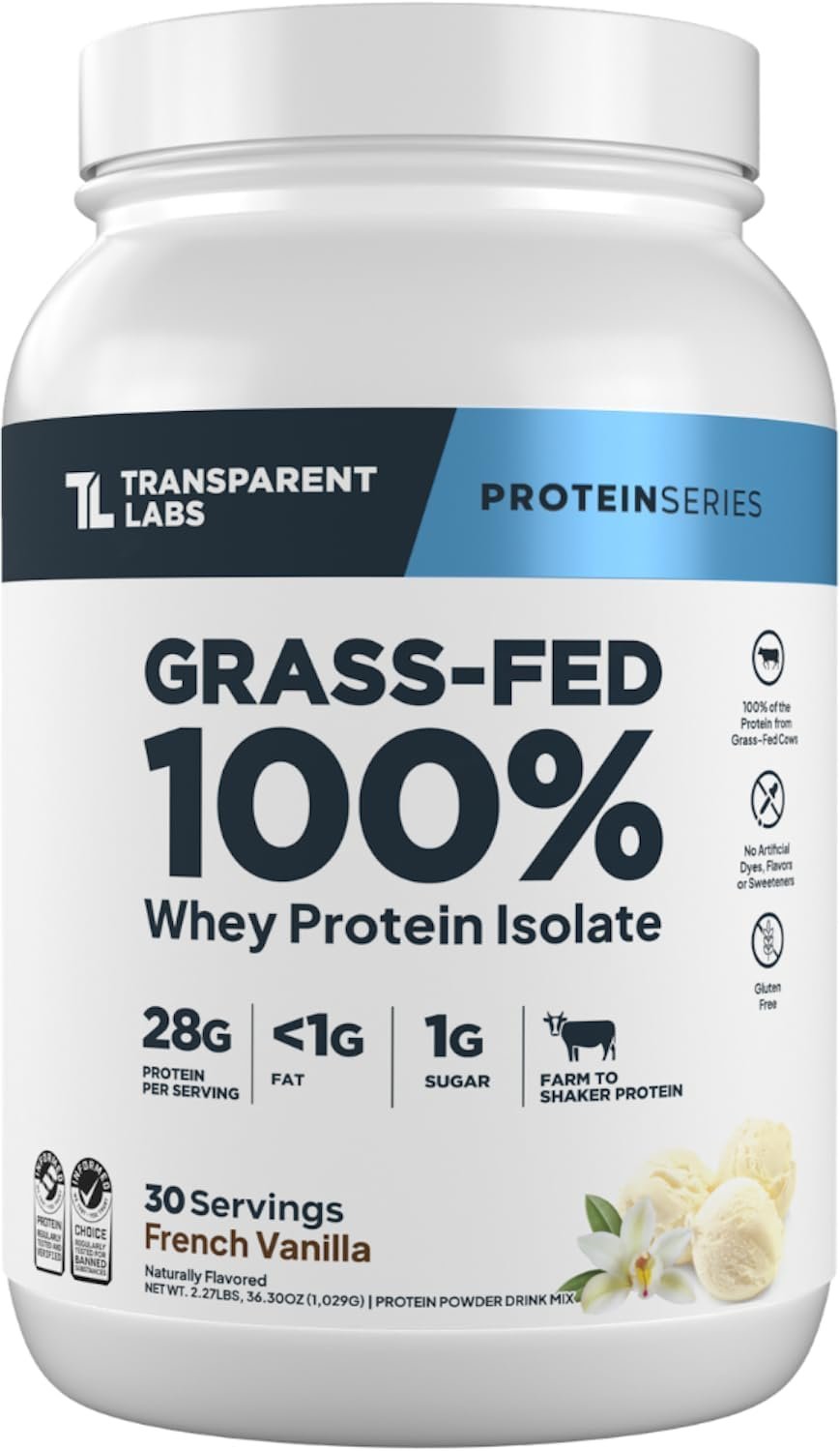 Transparent Labs Grass-Fed Whey Protein – 30 Servings, French Vanilla