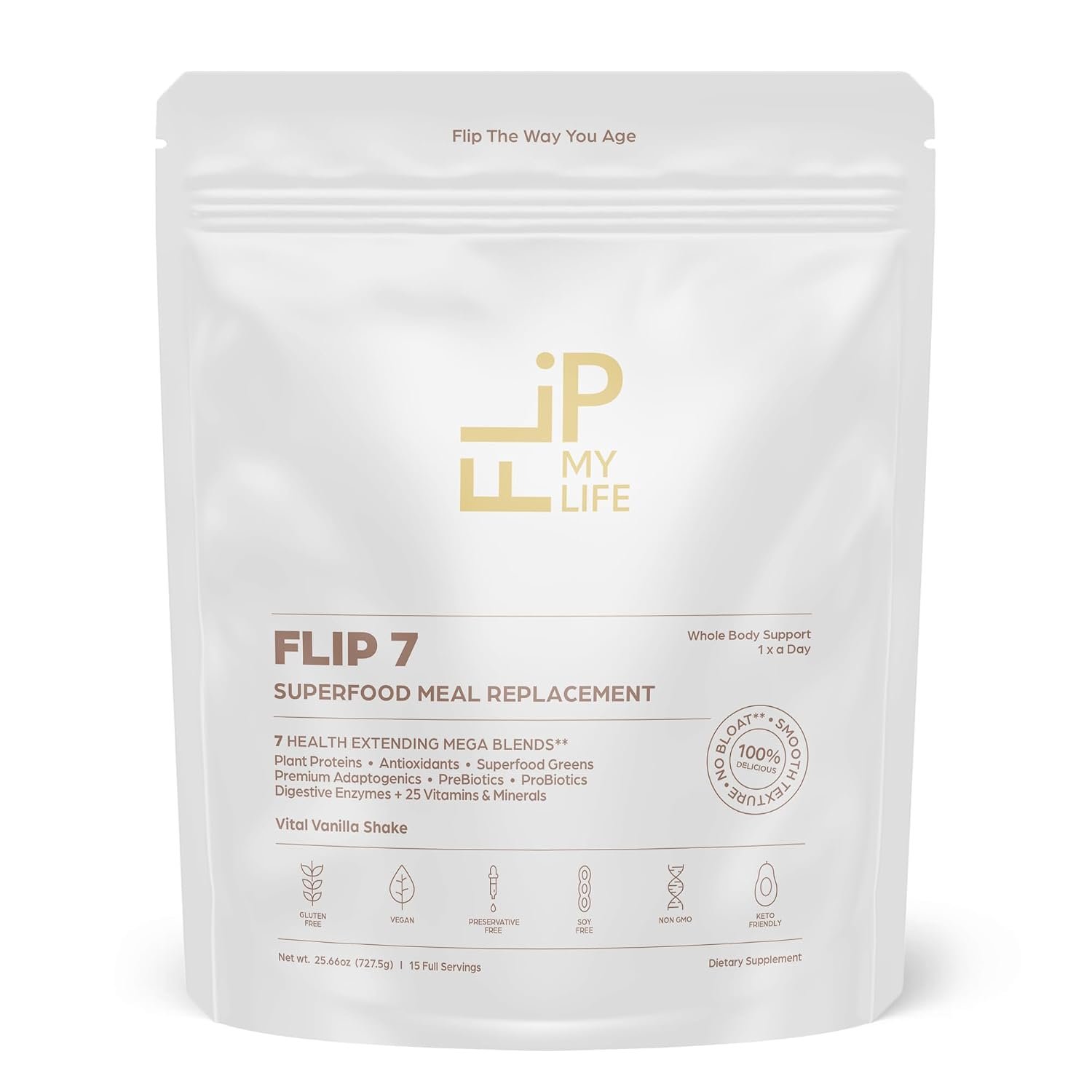 Flip My Life, Flip 7 Natural SuperFood, Plant-Based Protein, Complete Meal Replacement to Support Healthy Gut, 7 Mega Nutrient Rich Blends all in one to AGE BETTER – Vanilla