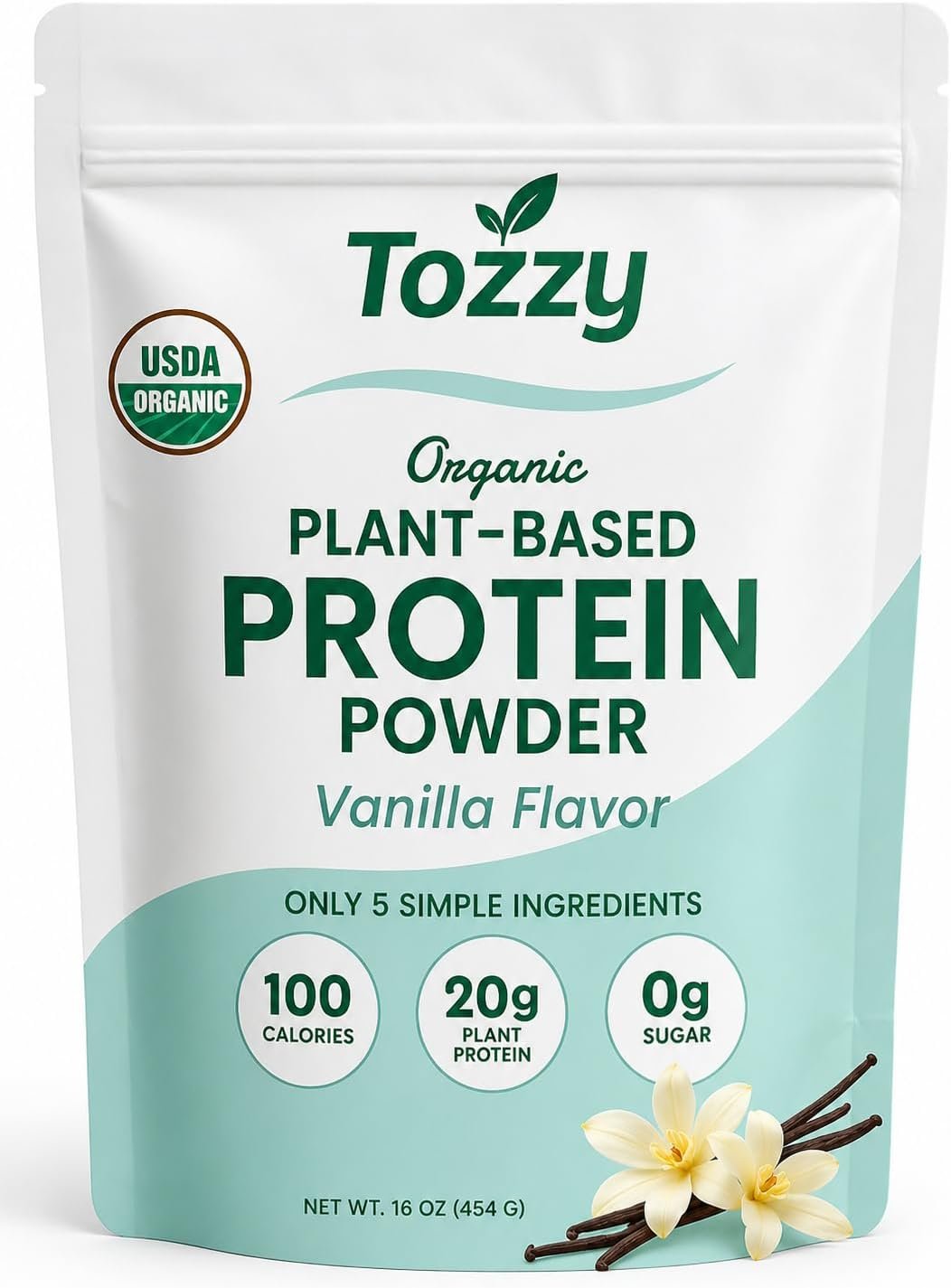TOZZY Organic Vegan Protein Powder, Vanilla | 16 Servings | 20g Plant-Based Pea Protein | 5 Simple Ingredients | 0g Sugar | Keto | Gluten- & Dairy-Free (1 lb) – Packaging May Vary