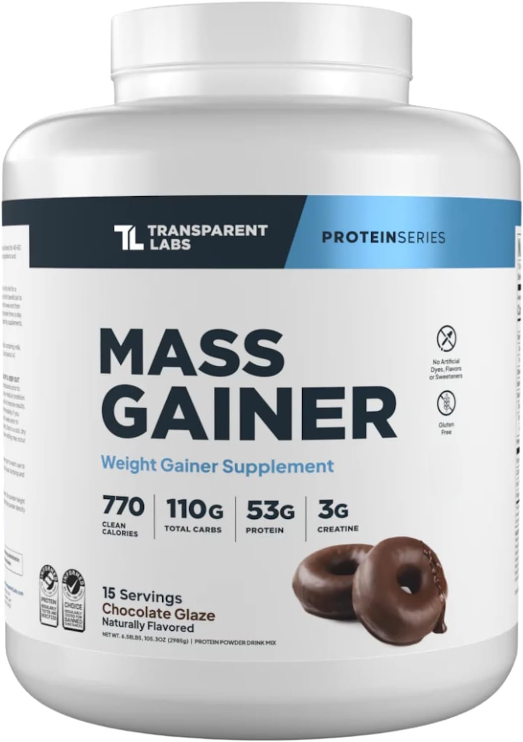 Transparent Labs Mass Gainer Protein Powder – Naturally Flavored Grass-Fed Whey w/ 53g Protein, 110g Carbs, High-Calorie Powder for Muscle Gain & Recovery, 3g Creatine – 15 Servings, Chocolate Glaze