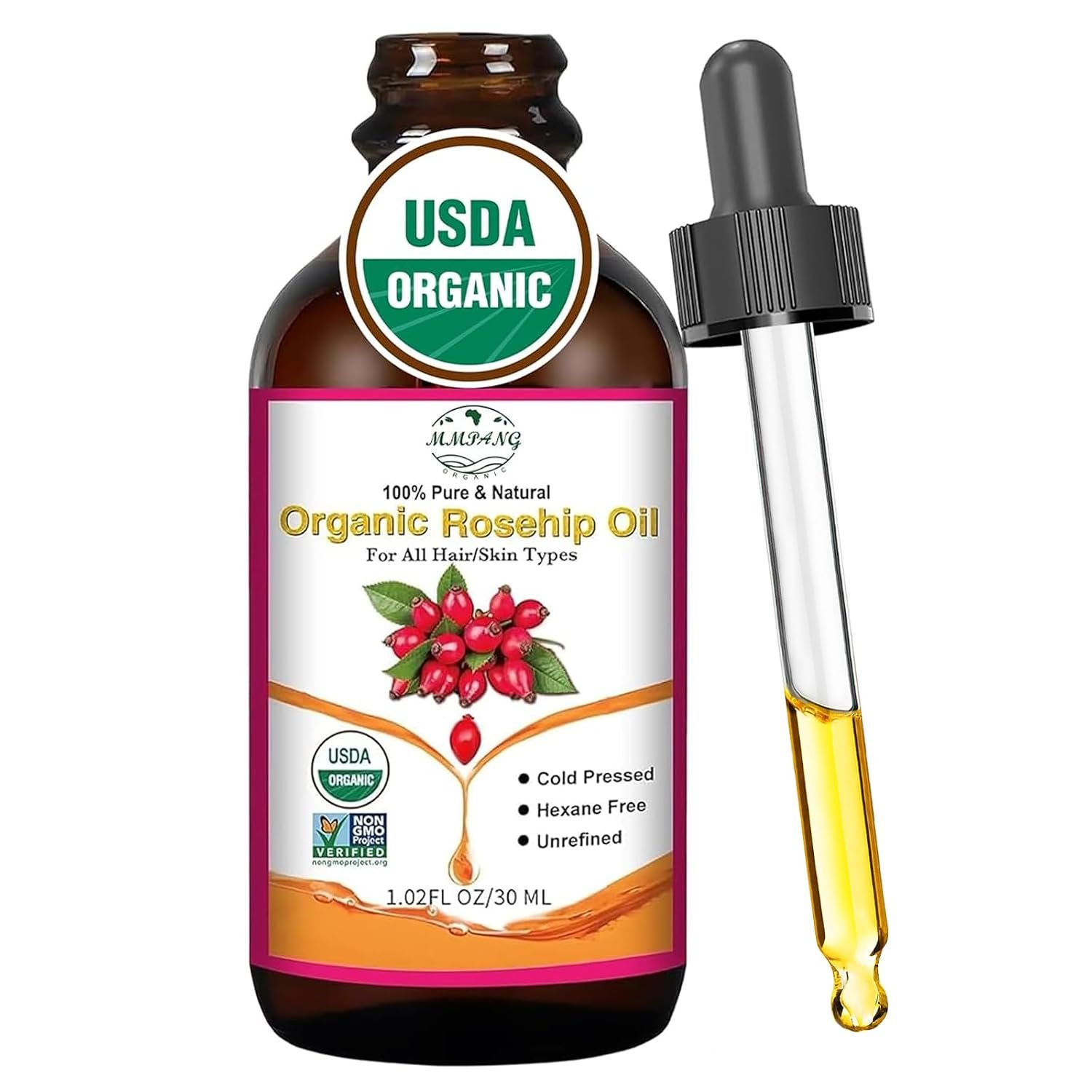 Organic Rosehip Seed Oil for Face, USDA Certified, Cold Pressed