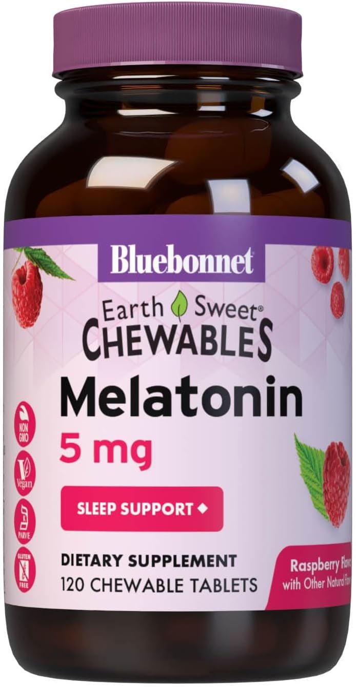 Bluebonnet Nutrition EarthSweet Melatonin 5 mg Fast-Acting Quick Dissolve Nighttime Relaxation & Restful Sleep Support – Sleep Aid – Gluten-Free, Vegan – Raspberry Flavor – 120 Chewable Tablets