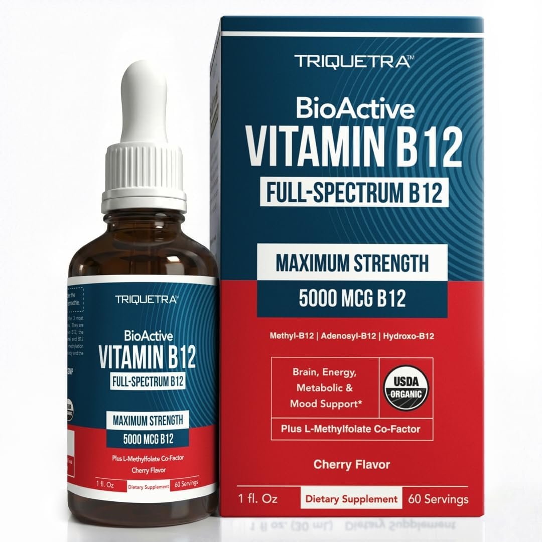 BioActive Vitamin B12 5000 mcg | 3 BioActive Forms Plus Methylfolate Cofactor – Methylcobalamin, Adenosyl & Hydroxy | Sublingual Liquid Drops, Berry Flavor, Organic, Non-GMO, Vegan (1 oz)