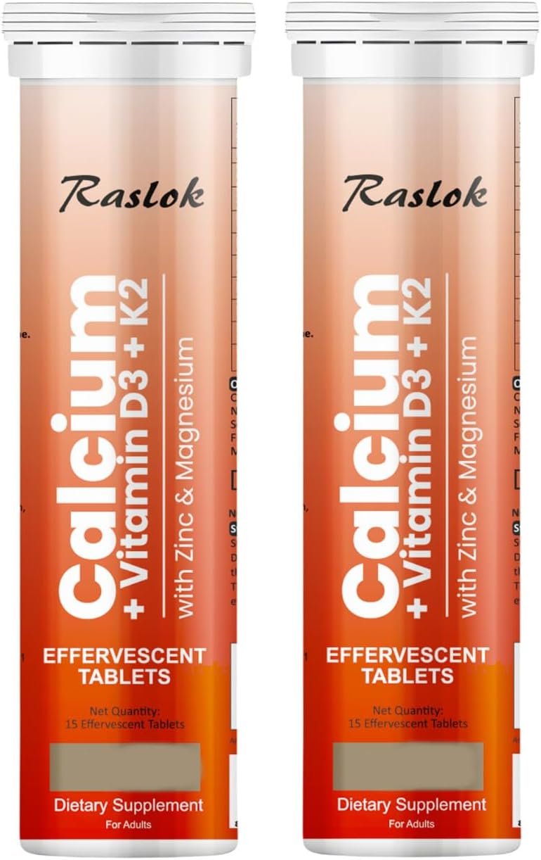 Raslok Calcium 600 mg with Vitamin D3, Vitamin K2 (MK-7), Magnesium, Zinc, Vitamin C & Vitamin B12, Orange Flavor, Effervescent Tablets, 30 Count
