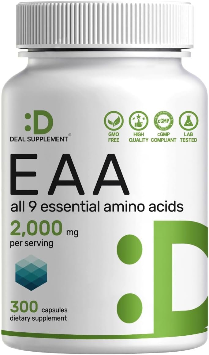 Essential Amino Acids (EAA) 2000mg Per Serving, 300 Capsules – Unflavored – 9 in 1, All BCAAs (Branched-Chain Aminos) – Lean Muscle Support & Natural Pre Workout Supplement