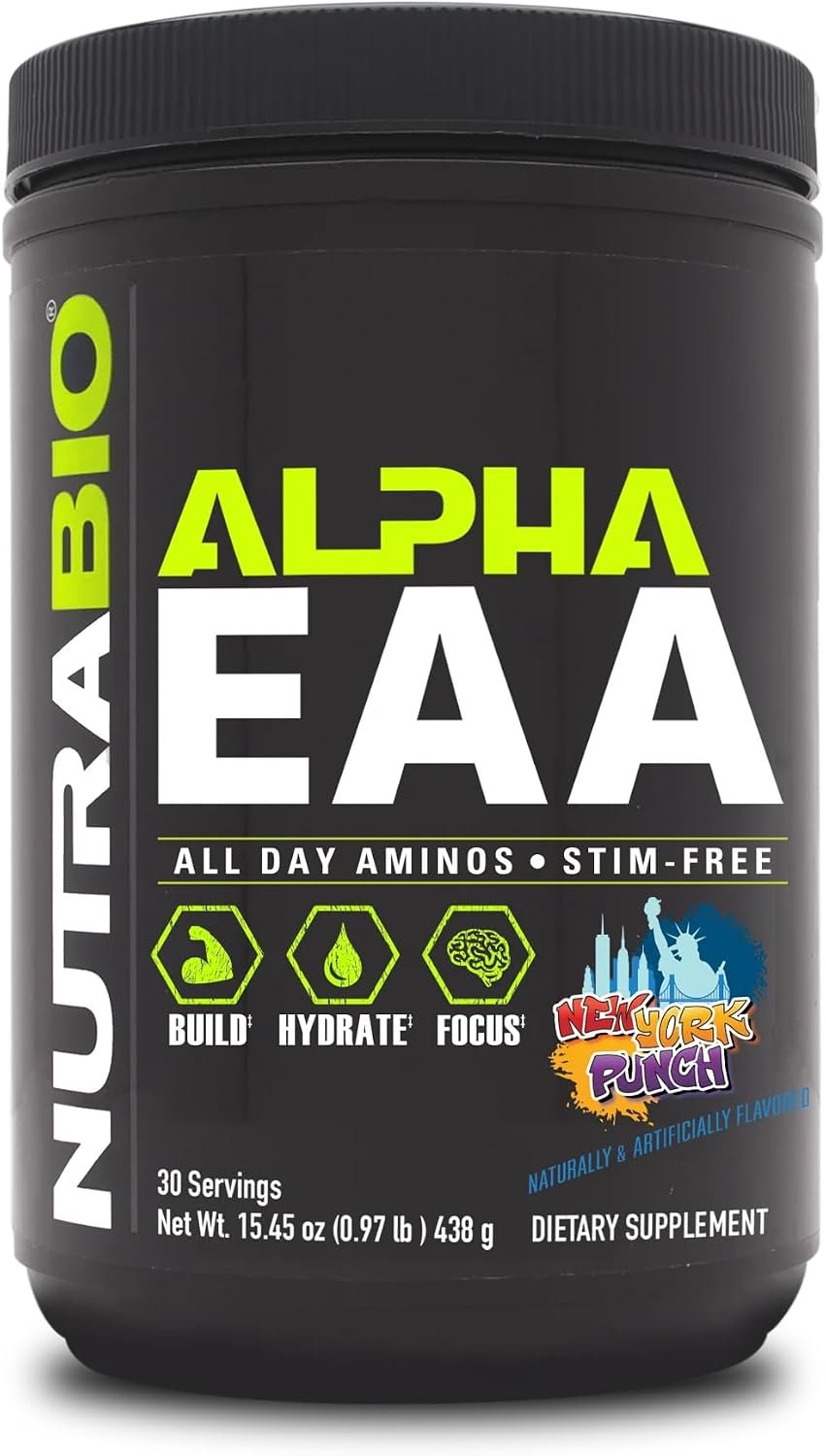 NutraBio Alpha EAA – All-Day Amino Acids for Muscle Growth and Hydration – Essential Amino Acids with Nootropics & Adaptogens- Full Spectrum EAA BCAA Powder – 30 Servings – New York Punch