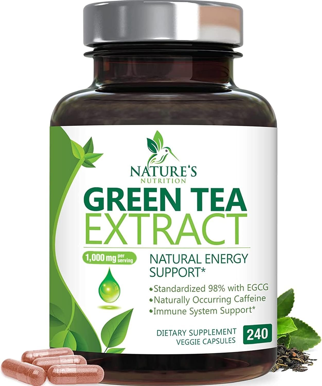 Green Tea Extract 1000mg – Premium Green Tea Extract Pills with 45% EGCG, 98% Polyphenols for Natural Energy – Nature’s Antioxidant Herbal Heart Support Supplement, Bottled in USA – 240 Capsules