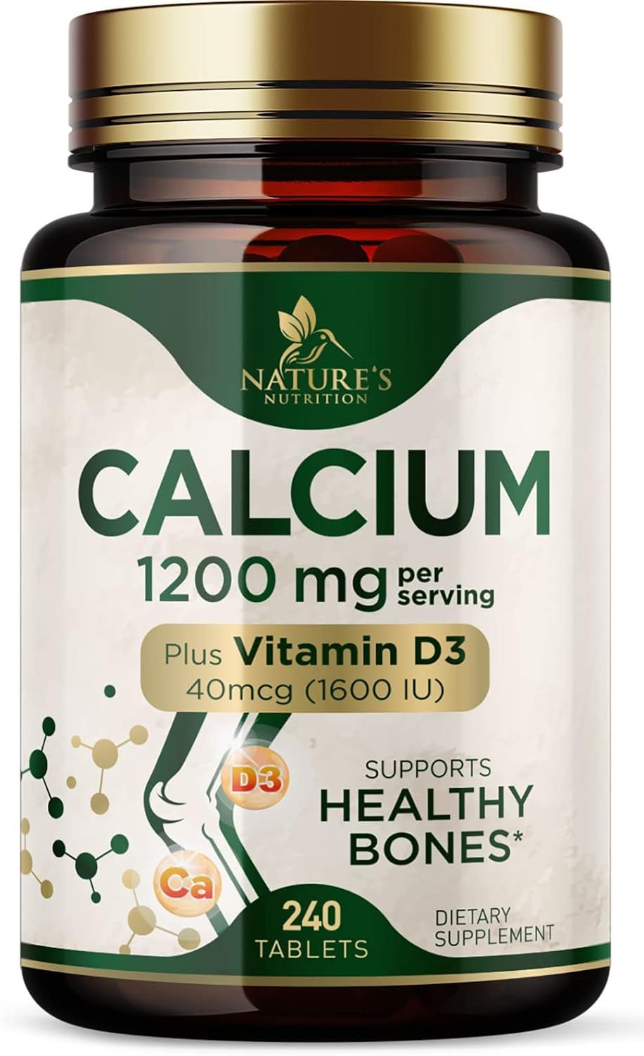 Calcium 1200 mg with Vitamin D3 – Bone Health Supplement, Vitamin D & Calcium Supplements for Women & Men – Bone Strength, Teeth & Immune Support, Nature’s Calcium Pills, Bottled in USA – 240 Tablets
