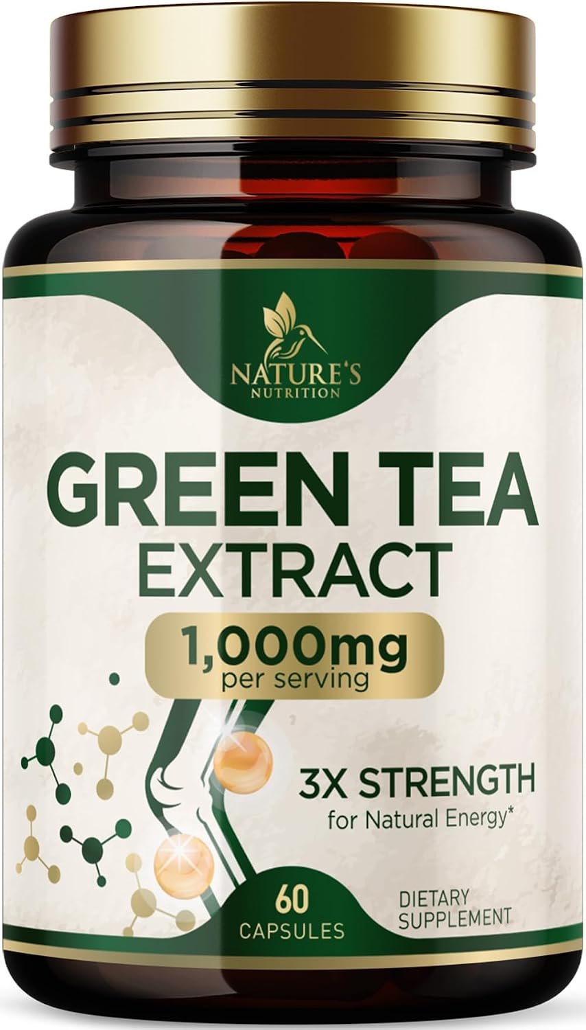 Green Tea Extract 1000mg Per Serving – Standardized 45% EGCG & 98% Polyphenols – 3X Strength Green Tea Pills for Energy, Supports Heart Health, Herbal Supplement, Vegan, Bottled in USA – 60 Capsules
