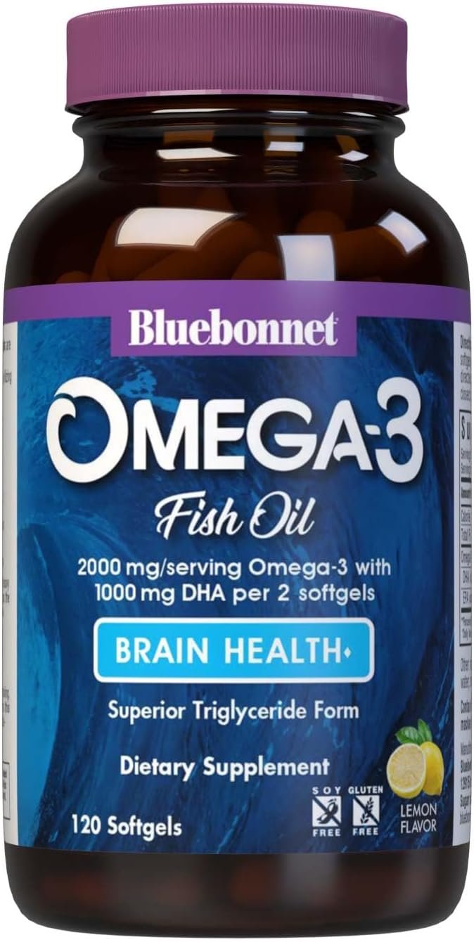 BlueBonnet Nutrition Omega-3 Brain Formula Natural Wild Caught Triglyceride Form DHA 1000 mg EPA 210 mg, Highly Concentrated Cognitive Health & Wellness Support Supplement, Gluten-Free Softgel, Yellow/Clear, Lemon, 120 Count