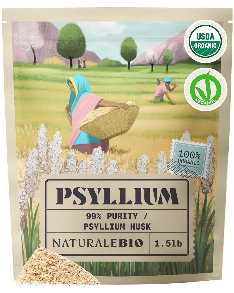 NaturaleBio Organic Whole Psyllium Husk 1.5lbs (24oz, 680g). 99% Pure Psyllium Seed Husks. USDA Organic Certified. Isabgol Natural Fiber for Keto, Paleo, Vegan & Gluten-Free Diets.