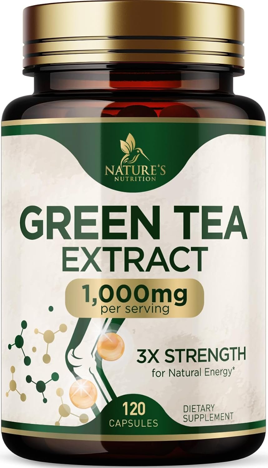 Green Tea Extract 1000mg Per Serving – Standardized 45% EGCG & 98% Polyphenols – 3X Strength Green Tea Pills for Energy, Supports Heart Health, Herbal Supplement, Vegan, Bottled in USA – 120 Capsules