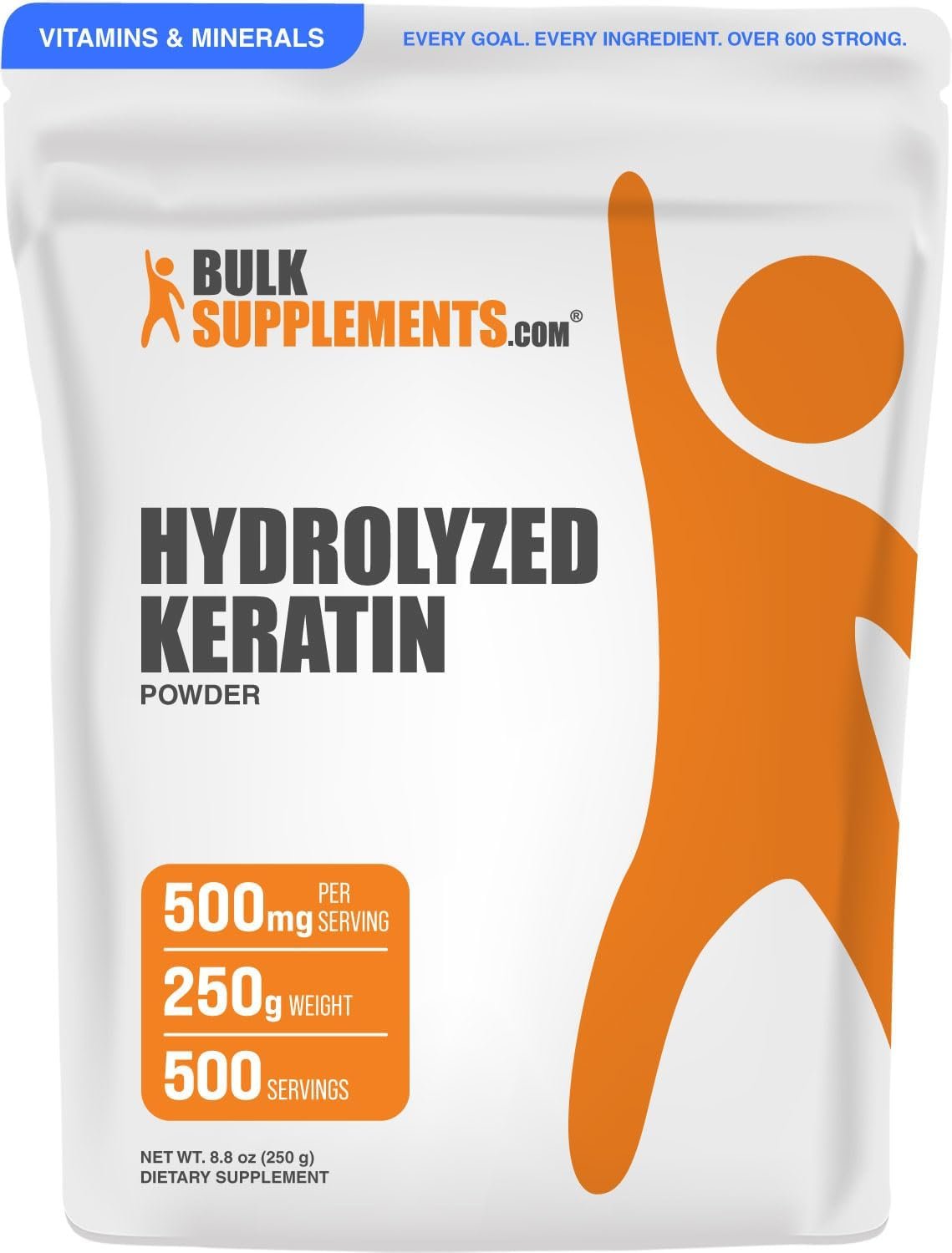 BulkSupplements.com Hydrolyzed Keratin Powder – Gluten Free, 500mg per Serving, 250g (8.8 oz) (Pack of 1)