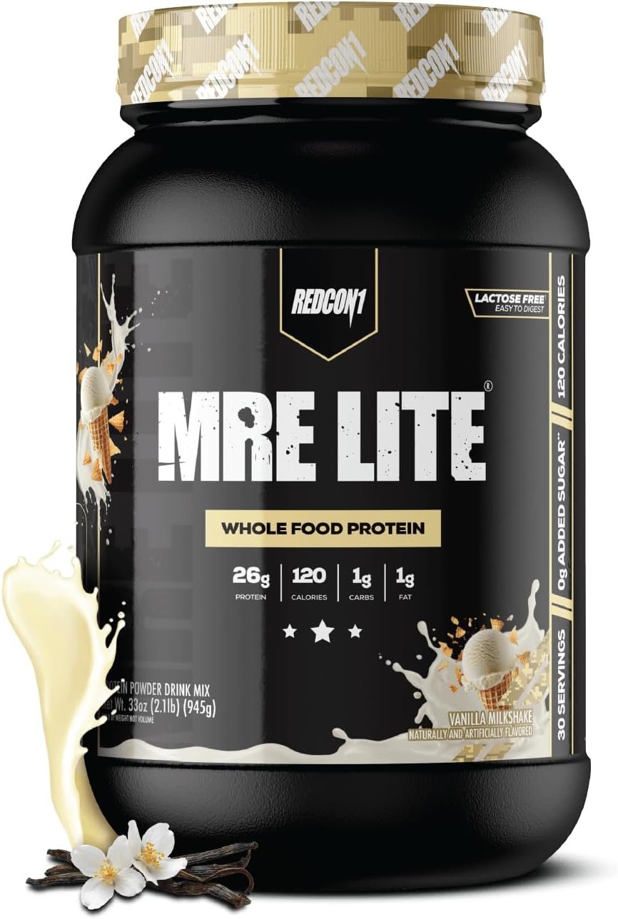 REDCON1 MRE LITE Whole Food Protein Powder, Vanilla Milkshake – Lactose Free & Sugar Free Meal Replacement with Animal Protein Blends – Easy to Digest Formula – Only 1g Carb per Serving (30 Servings)