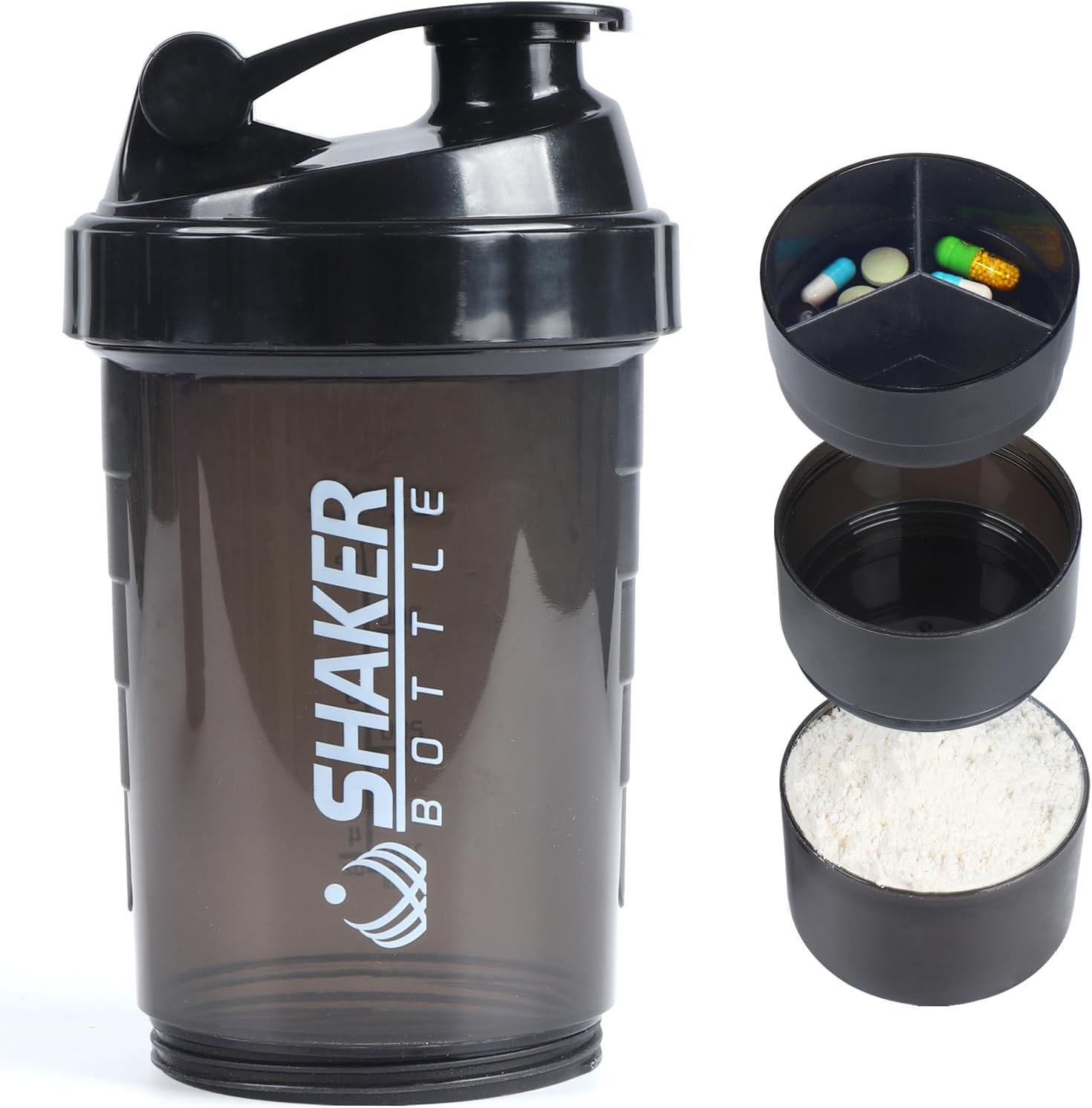Protein Shaker Bottle,Sports Water Bottle,Leak Proof Shake Bottle For Protein Mixer- Non Slip 3 Layer Twist Off 3oz Cups with Pill Tray – Protein Powder 16 oz Shake Cup with Storage,Black