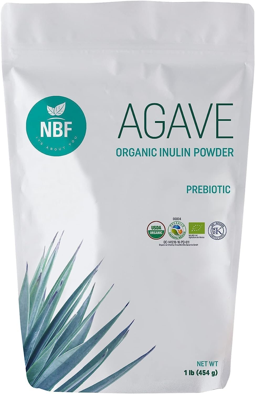 NBF NATURA BIO FOODS – Organic Agave Inulin Powder | Prebiotic Fiber Supplement | Gut Support | No Flavor or Aftertaste | Vegan & Keto Friendly | 16 Oz, 1 Pound (Pack of 1)