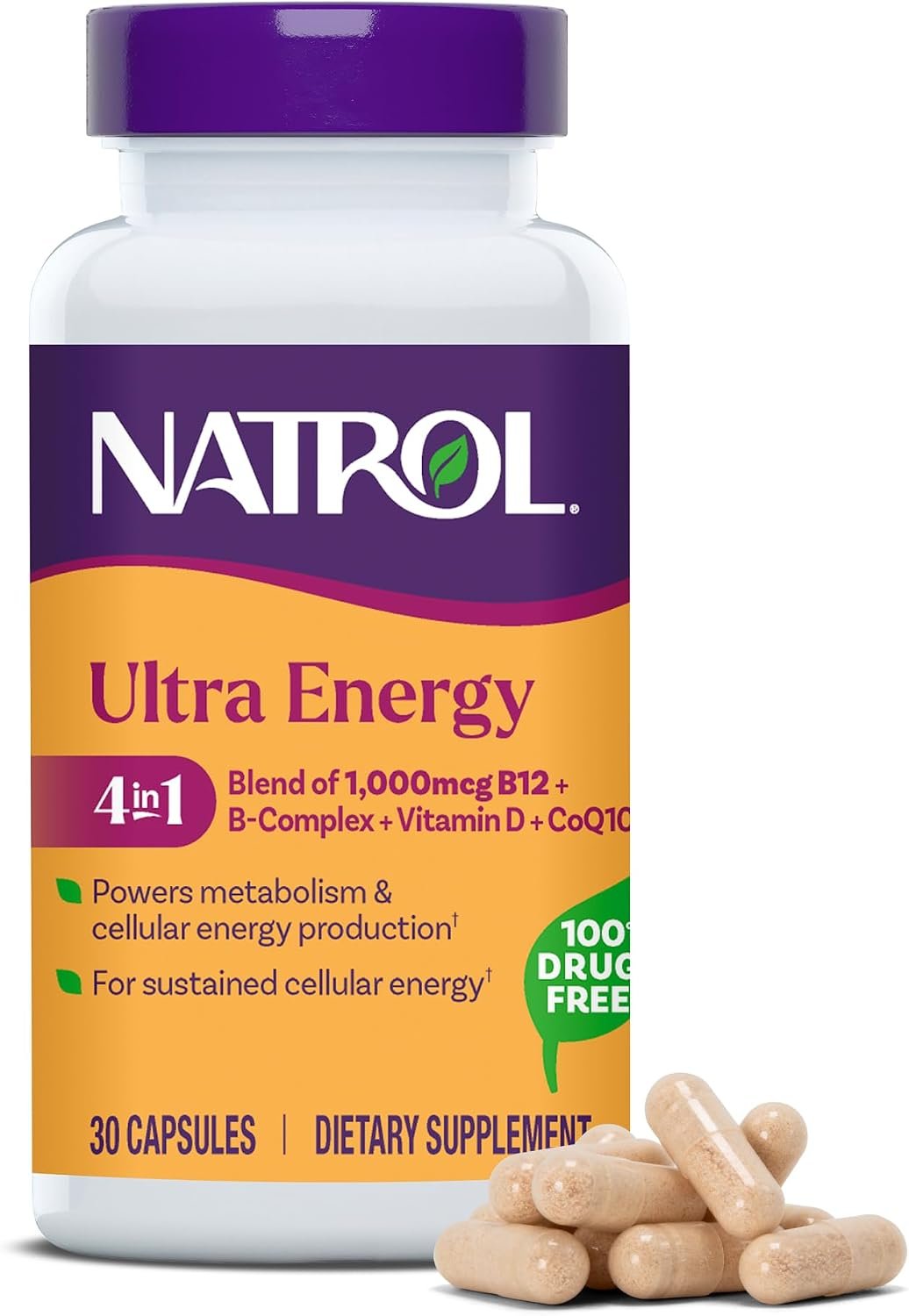 Natrol Ultra Energy 4-in-1, B12, B Complex, Vitamin D, CoQ10, 30 Capsules
