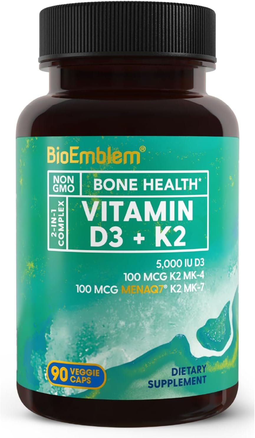 BioEmblem Vitamin D3 K2 Capsules (5000IU and 200mcg) – Patented MK7 and MK4 for 3-in-1 Complex Support – Vegetarian Vitamin D K2 Supplement for Teeth, Heart, Immune System – Non-GMO, 90 Caps