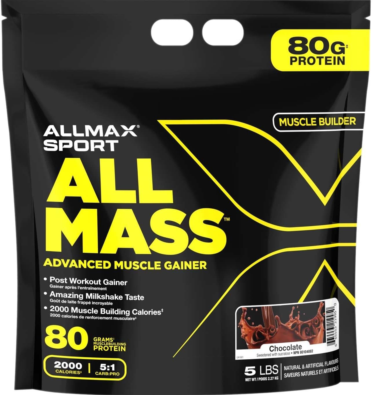 ALLMAX ALLMASS, Chocolate – 5 lb – Advanced Muscle Gainer – Up to 80 Grams of Protein Per Serving – 5:1 Carb-to-Protein Ratio – Zero Trans Fat – Up to 24 Servings