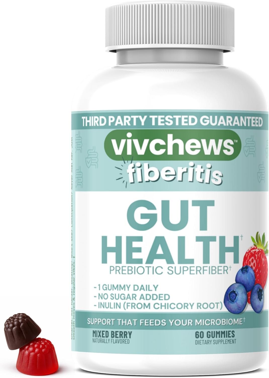 Gut Health Gummies – Prebiotic Fiber for Bloating Relief, No Sugar Added, Non-GMO, Fruit Pectin Based, Gluten-Free, No Artificial Colors, Flavors or Sweeteners, 2 Month Supply
