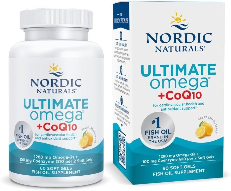 Nordic Naturals Ultimate Omega + CoQ10, Lemon – 60 Soft Gels – 1280 mg Omega-3 + 100 mg CoQ10 – Heart Health, Cellular Energy, Antioxidant Support – Non-GMO – 30 Servings