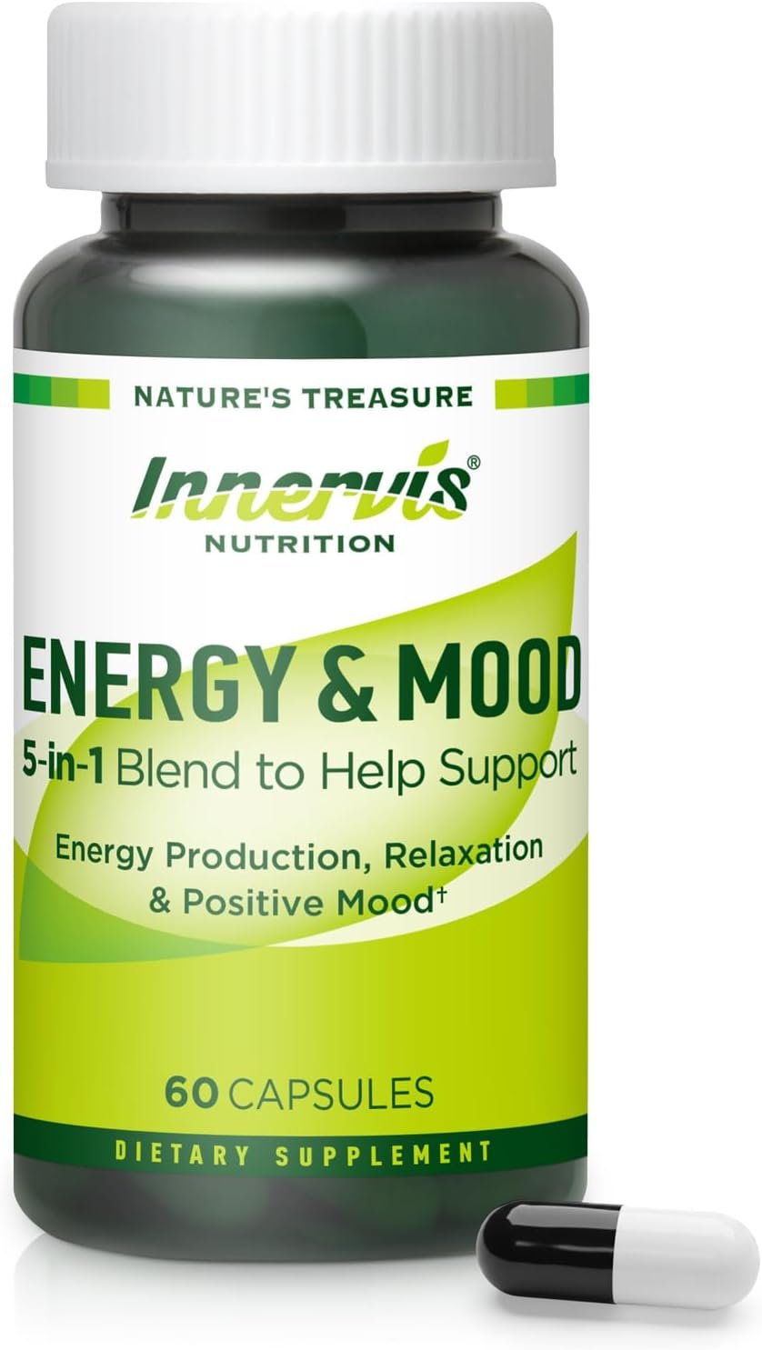 Caffeine Free Natural Energy Boost with Ashwagandha, Maca & Magnesium – Support Stress Relief, Focus & Mood – 60 Capsules by Innervis Nutrition