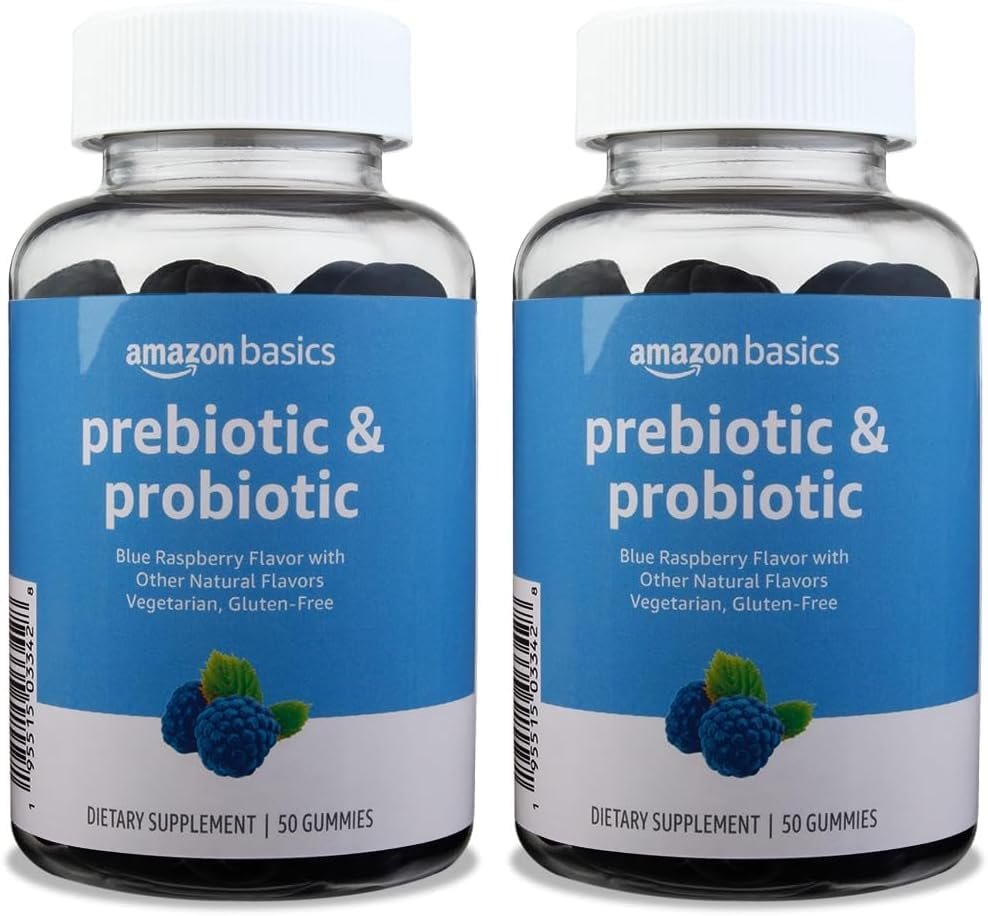 Amazon Brand – Solimo Prebiotic & Probiotic Gummies, Two Billion CFU, Blue Raspberry, 50 Count (2 per Serving) (Pack of 2)