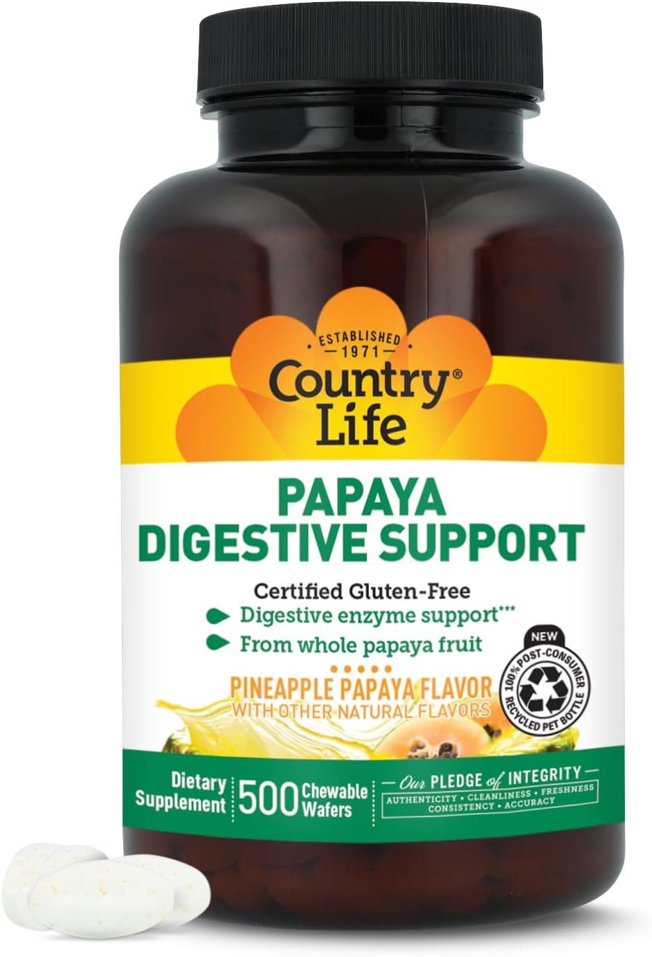 Country Life Papaya Digestive Support with Papain & Protease, 500 Wafers