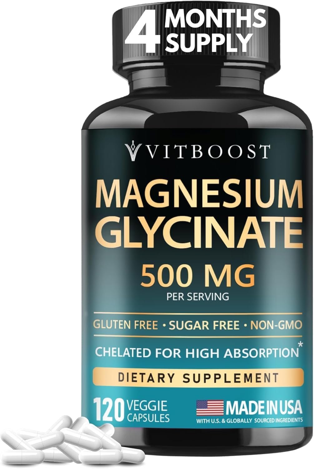 VITBOOST Magnesium Glycinate 500mg – Support Sleep 120 Veggie Capsules