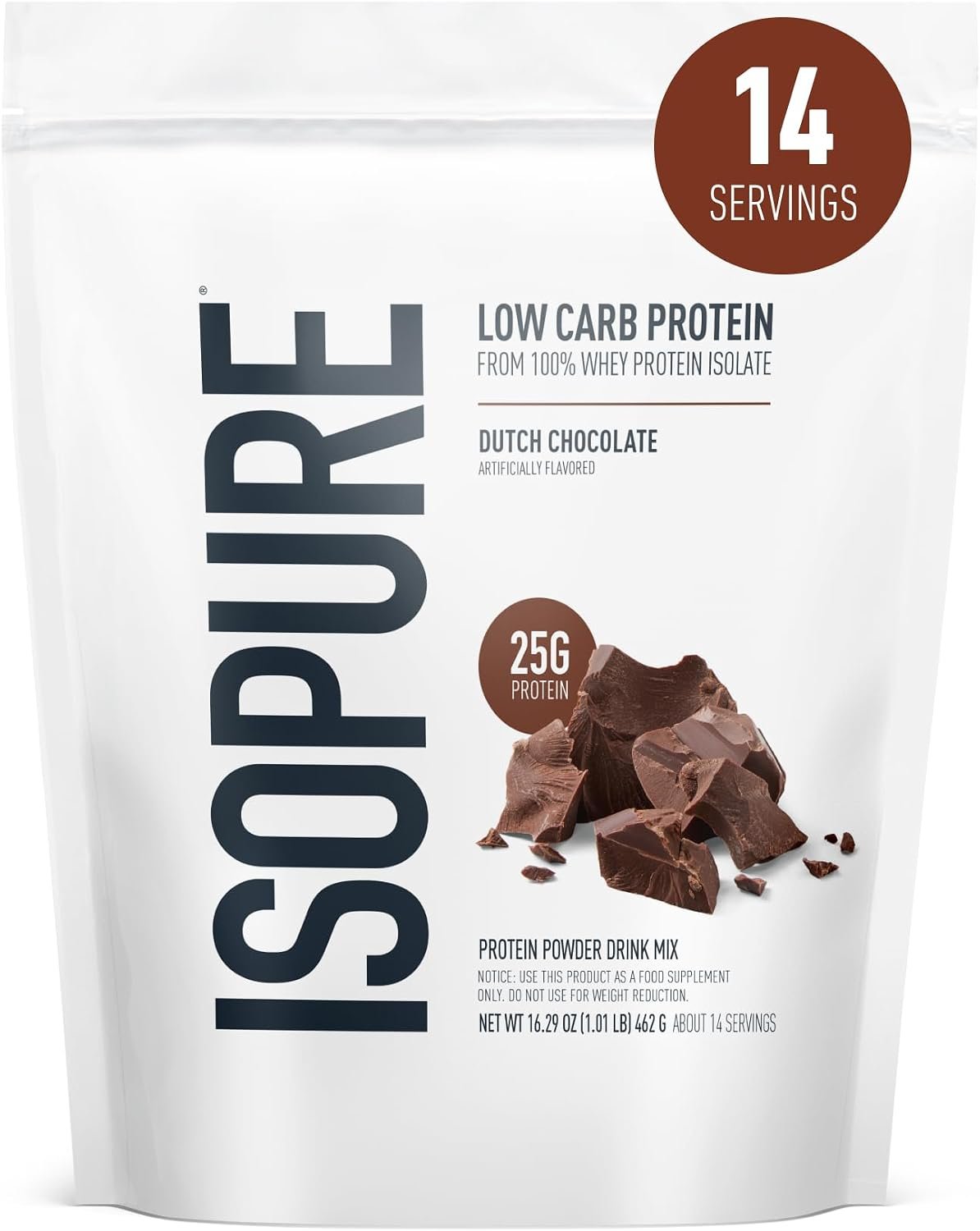 Isopure Low Carb 100% Pure Whey Isolate Protein Powder, Gluten Free, With Vitamins, Dutch Chocolate, 25g Protein Per Serving, 1 Lb, 14 Servings (Packaging May Vary)