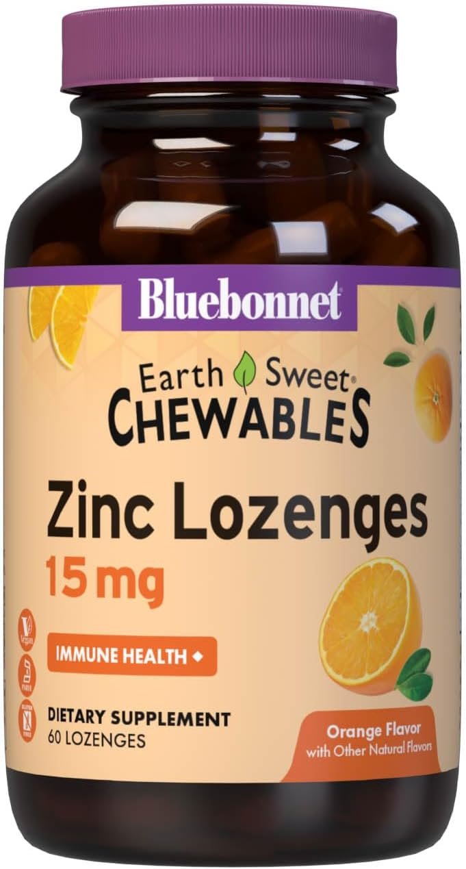 Bluebonnet Nutrition Earthsweet Zinc Lozenges 15mg Chewables, Plus 100mg of Vitamin C, Soy-Free, Gluten-Free, Kosher Certified, Dairy-Free, Vegan, Orange Flavored, 60 Lozenges