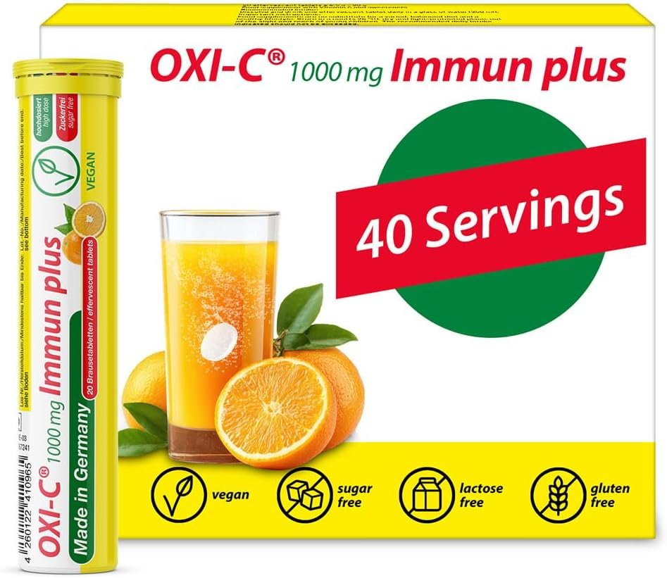 T&D Oxi C 1000 mg Vitamin C – 40 Vegan Drink Effervescent Tablets – Orange Flavor – Made in Germany