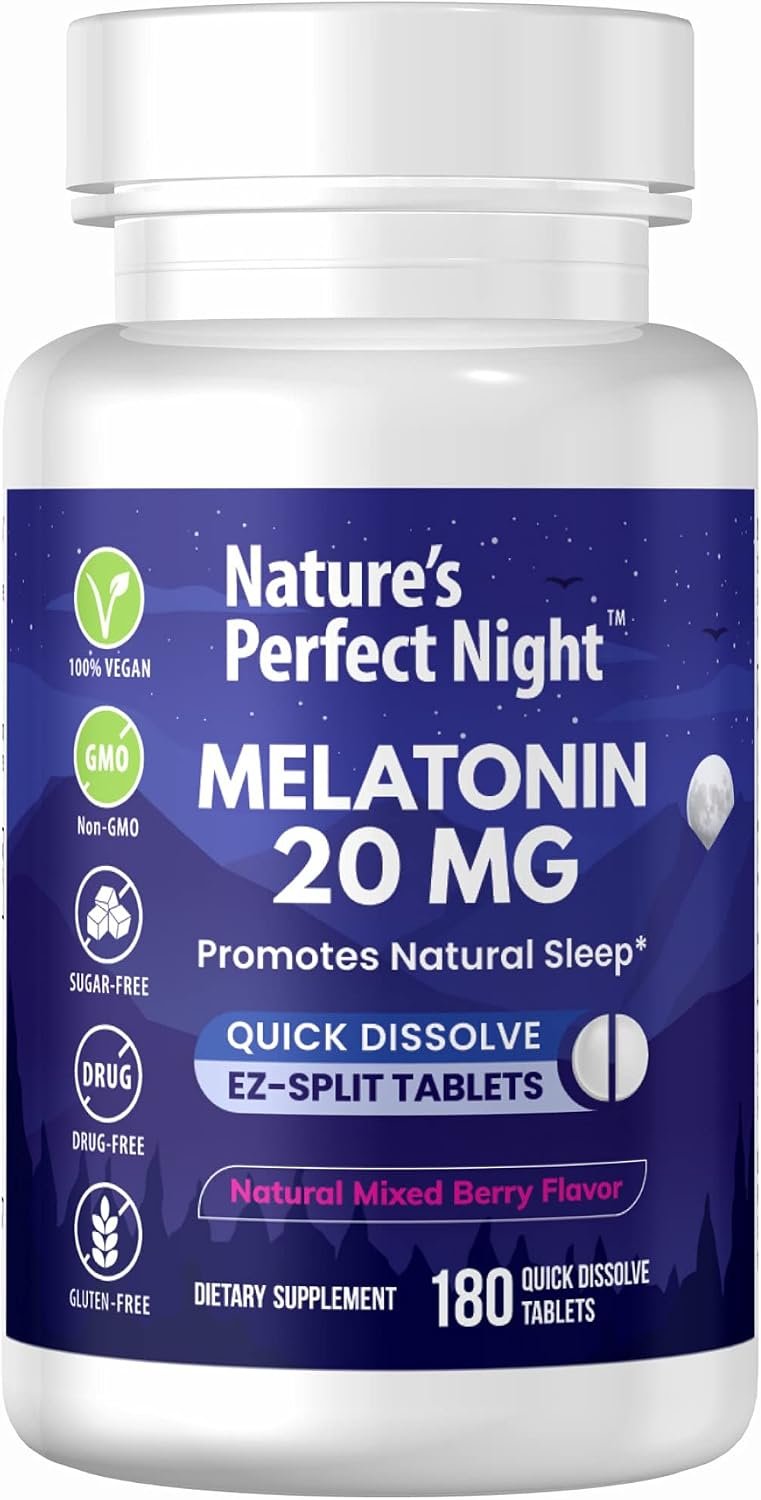Nature’s Perfect Night | Melatonin 20mg | 180 Quick Dissolve Tablets | Natural Mixed Berry Flavor |High Potency | Sugar Free | Vegan | Gluten Free | Value Size