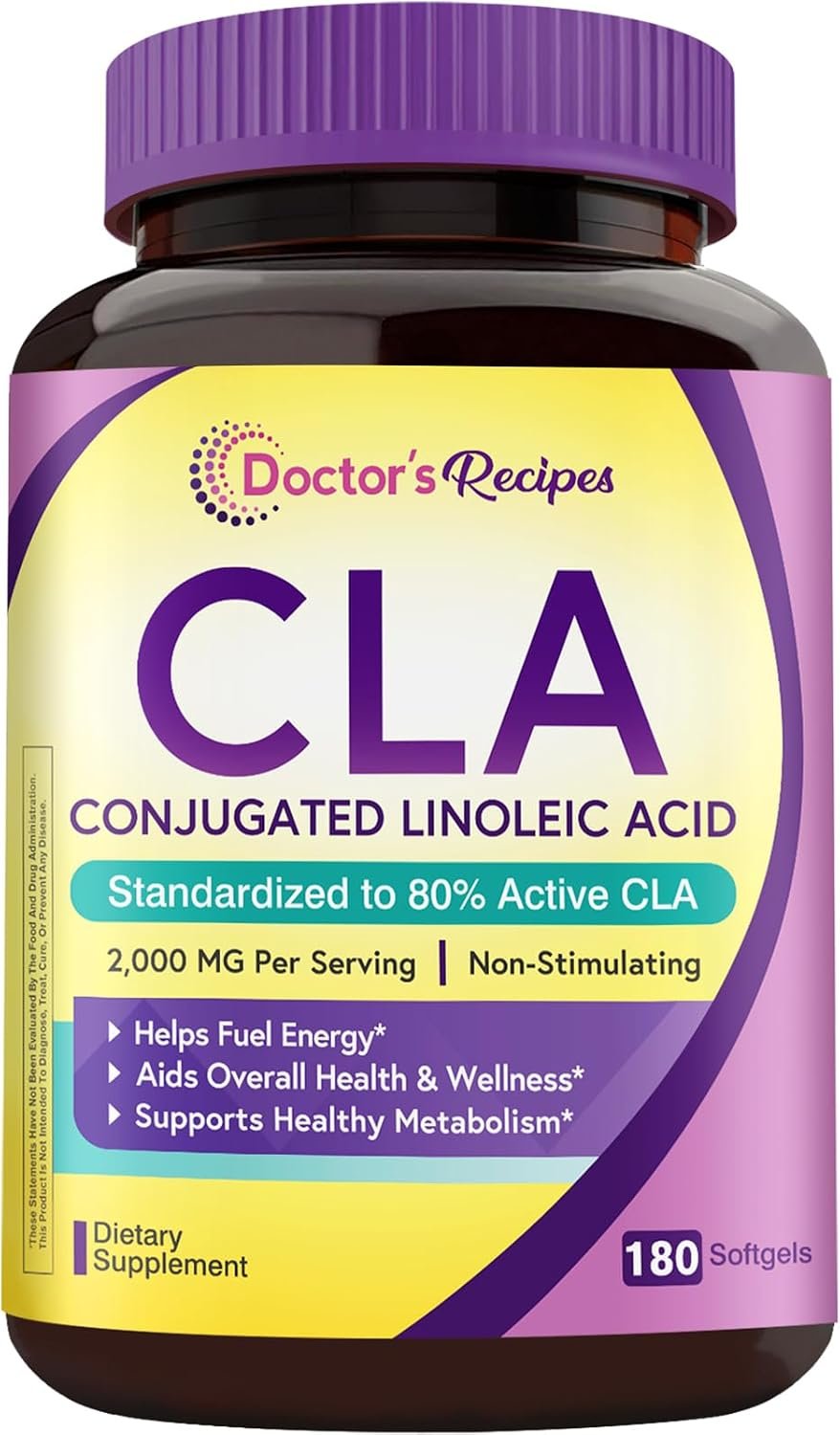 Doctor’s Recipes CLA Supplements 2000mg,180 Softgels, 80% Conjugated Linoleic Acid from Safflower Oil, for Women & Men, Non-Stimulating, Support Healthy Metabolism & Lean Mass, Non-GMO