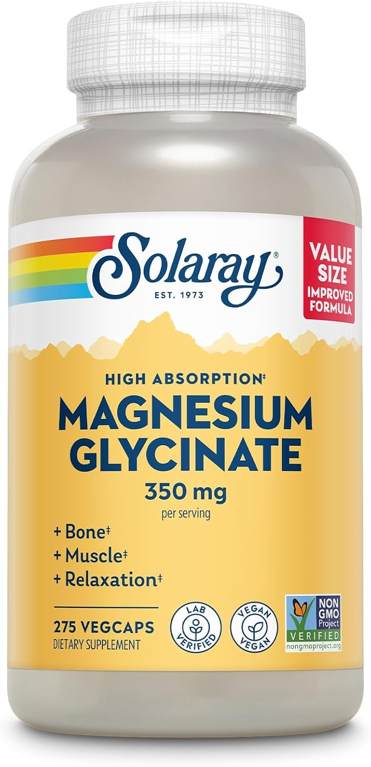 SOLARAY Magnesium Glycinate Capsules, Chelated Magnesium Bisglycinate w/BioPerine, Higher Absorption Magnesium Supplement – Bones, Muscles, Heart Support, Vegan, 68 Servings, 275 VegCaps