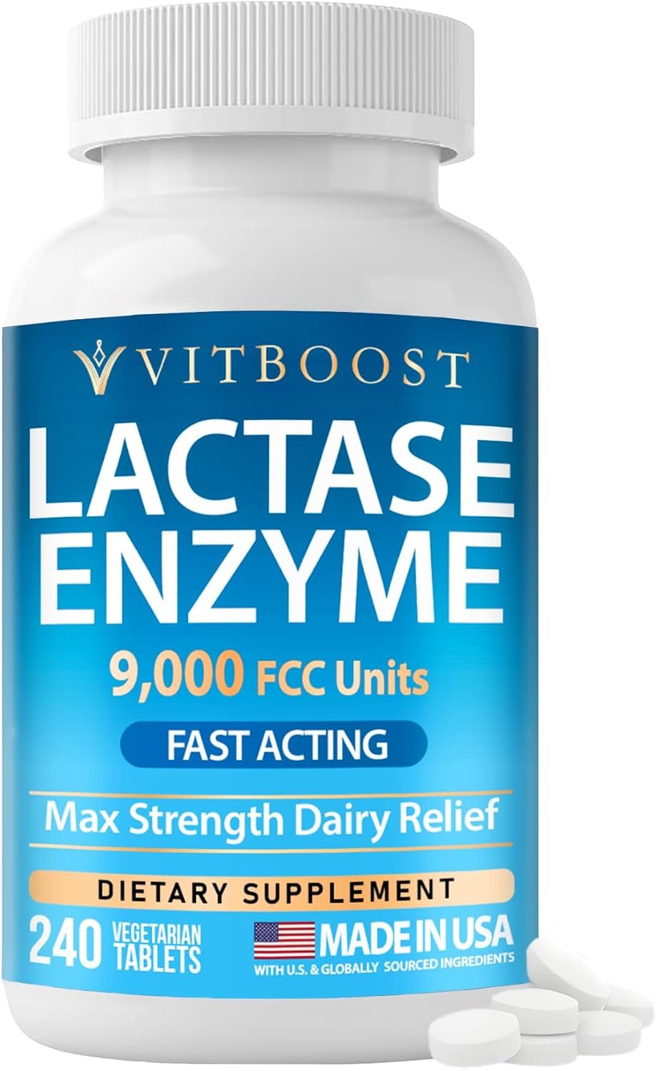 Lactase Enzyme 9,000 FCC Units – Lactose Intolerance Relief 240 Tablets