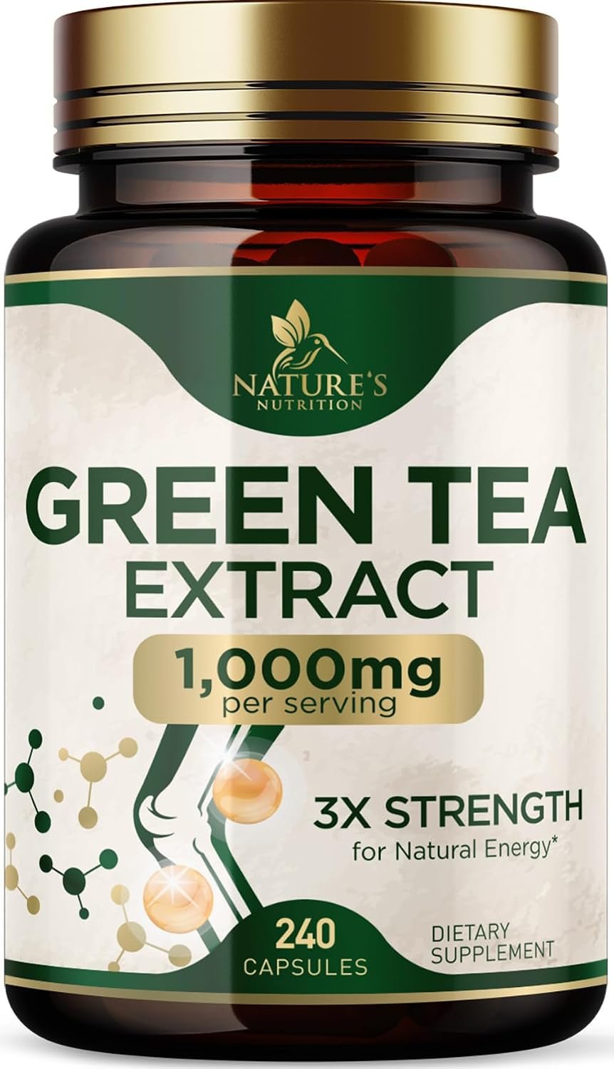 Green Tea Extract 1000mg Per Serving – Standardized 45% EGCG & 98% Polyphenols – 3X Strength Green Tea Pills for Energy, Supports Heart Health, Herbal Supplement, Vegan, Bottled in USA – 240 Capsules