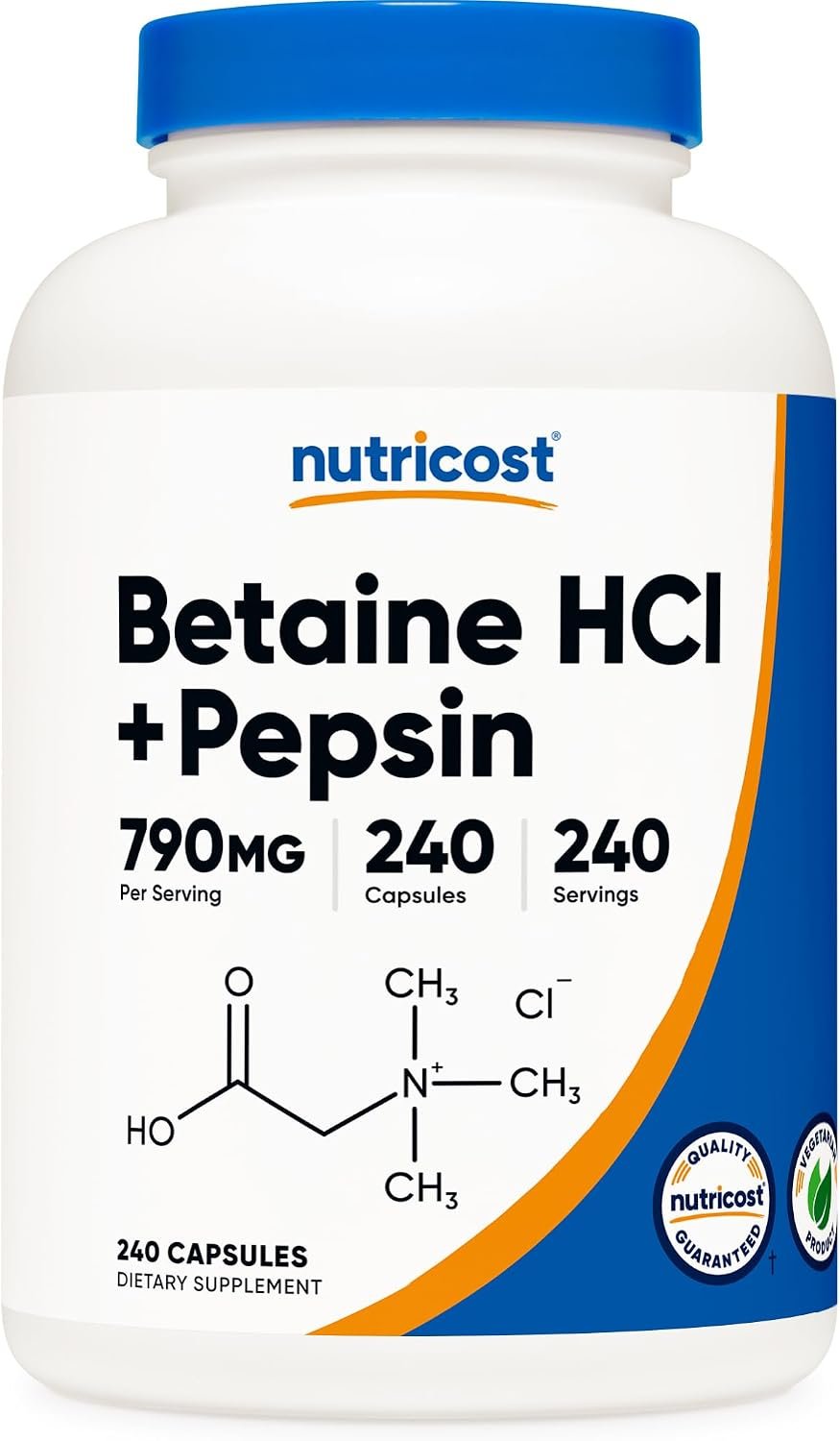 Nutricost Betaine HCl + Pepsin (790mg) 240 Capsules – Vegetarian & GMO Free